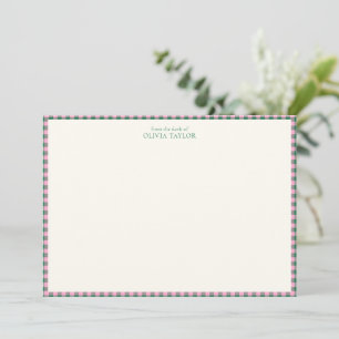 Preppy Pink Green Gingham Plaid Personalized Name Note Card