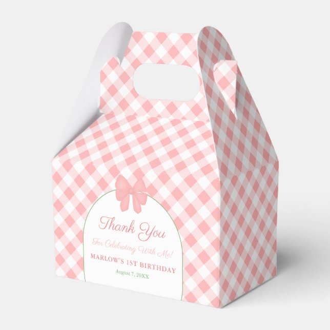Preppy Pink Green Gingham Ribbon Girl Birthday Favor Boxes (Front Side)