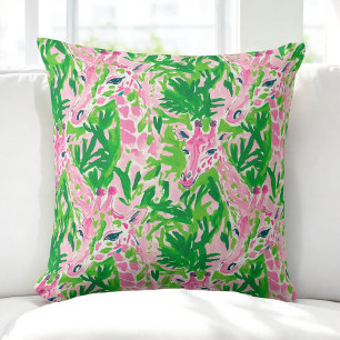 Preppy Pink Green Giraffes / Palm Beach Decor Throw Pillow