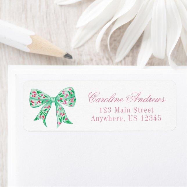 Preppy Pink & Green Holly Bow Return Address Label (Insitu)