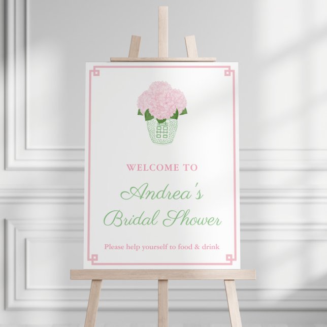 Preppy Pink Green Hydrangea Bridal Shower Welcome Foam Board (Elegant Green Millenial pink and green hydrangeas bridal shower welcome sign with greek key border)