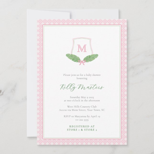 Preppy Pink Green Monogram Cane Baby Girl Shower Invitation (Front)