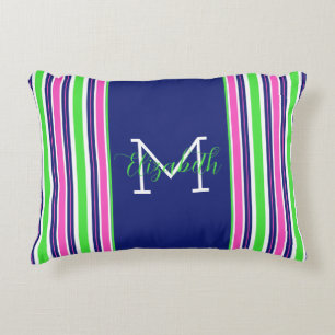 Preppy Pink Green Navy Blue Stripe Monogram Accent Pillow