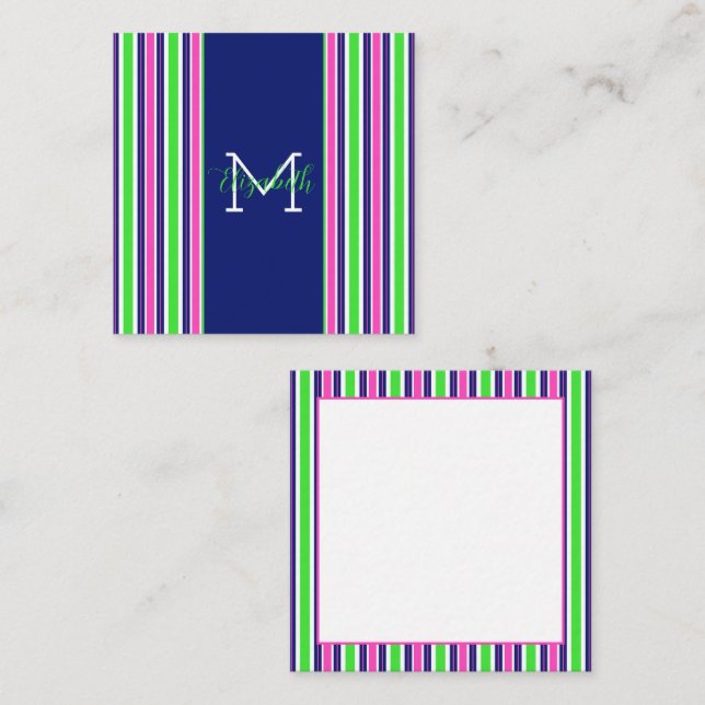 Preppy Pink Green Navy Blue Stripe Monogram Note Card (Front/Back)