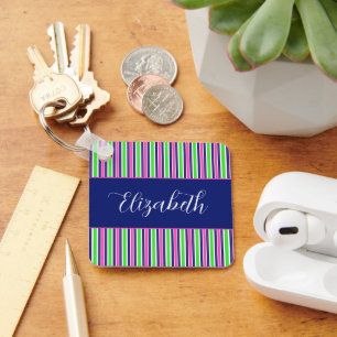 Preppy Pink Green Navy Blue Stripes Personalized Keychain