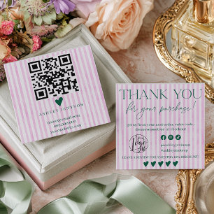 Preppy Pink Green Old Money Stripes QR thank you Square Business Card