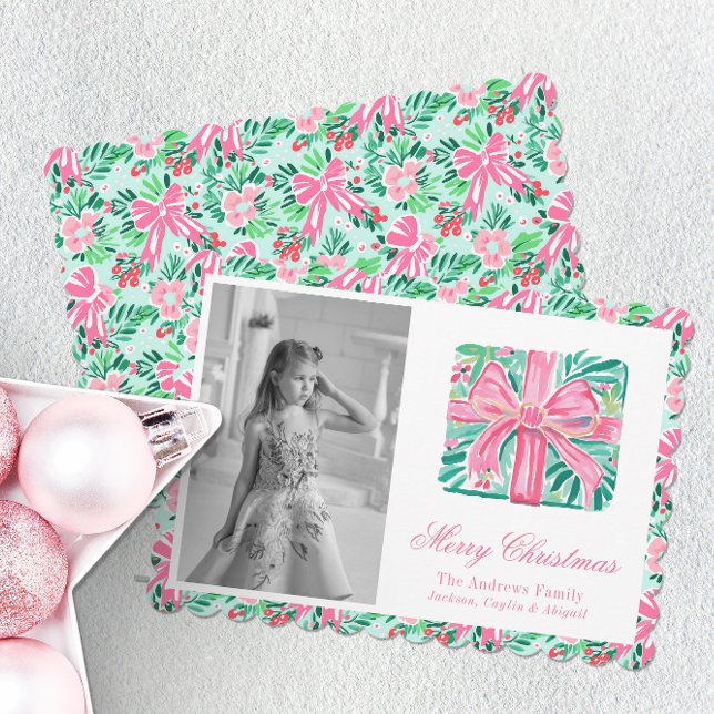 Preppy Pink & Green Palm Beach Christmas Present Holiday Card (Creator Uploaded)