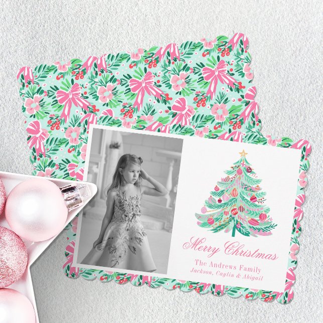 Preppy Pink & Green Palm Beach Christmas Tree Holiday Card (Creator Uploaded)
