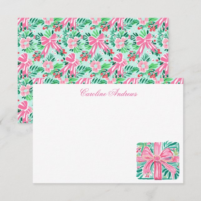 Preppy Pink & Green Palm Beach Present Thank You Card (Front/Back)