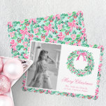 Preppy Pink & Green Palm Beach Wreath Photo Holiday Card<br><div class="desc">PreppyPrint.com - Celebrate Christmas in style! Add your personalized touch to these Christmas cards. Transfer this design onto the products of your choice too! Click "remove from back of card" under "Logo & Independent Creator Mark" to remove the QR code from the back of the card. Please visit my designer...</div>