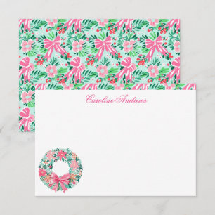 Preppy Pink & Green Palm Beach Wreath Thank You Card