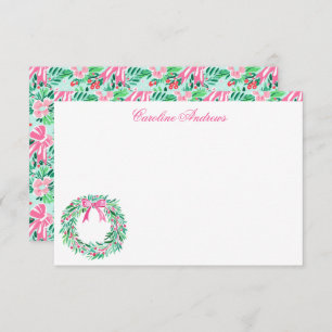 Preppy Pink & Green Palm Beach Wreath Thank You Card