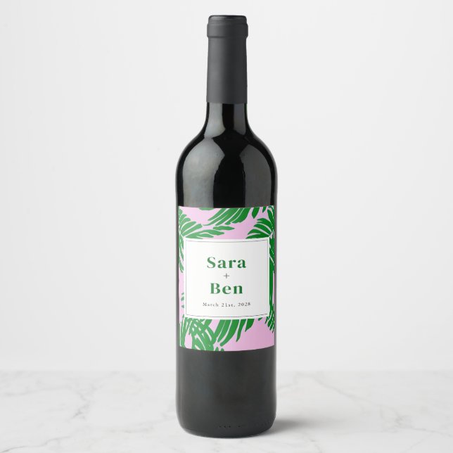 Preppy Pink + Green Palm Tree Wine Label (Front)