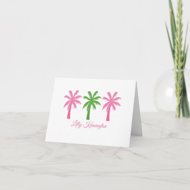 Preppy Pink & Green Palm Trees Folded Note Cards (Front)
