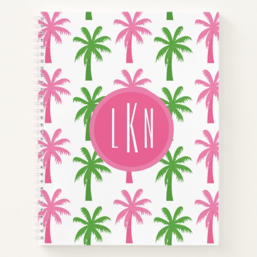 Preppy Pink  Green Palm Trees Monogram Notebook