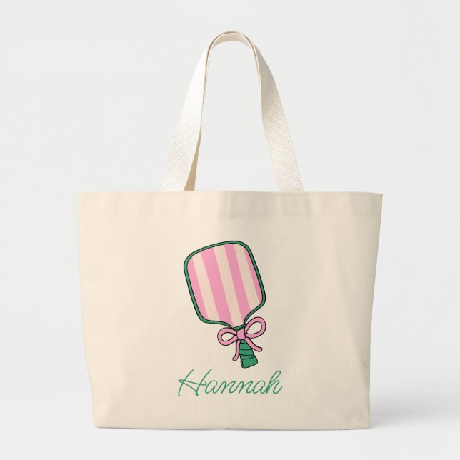 Preppy Pink & Green Pickleball Personalized Large Tote Bag (Front)