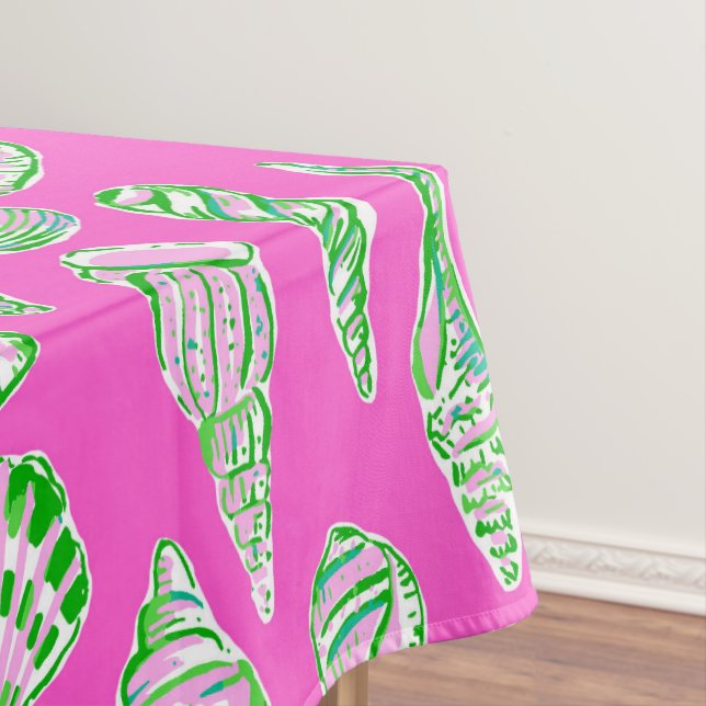 Preppy Pink Green Sea Shells / Coastal Beach Pink  Tablecloth (In Situ)
