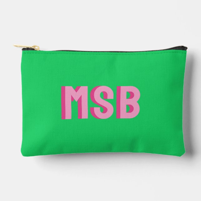 Preppy Pink Green Shadow Block Monogram, Custom Accessory Pouch (Front)