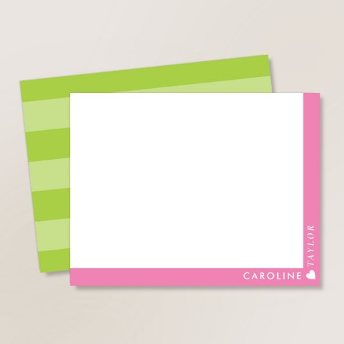 Preppy Pink Green Stripes Cute Girly Personalized Note Card