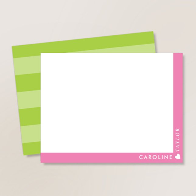Preppy Pink Green Stripes Cute Girly Personalized Note Card (Creator Uploaded)