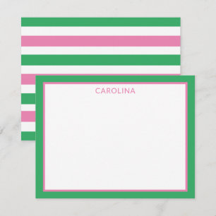 Preppy Pink & Green Stripes Cute Stationery Note Card