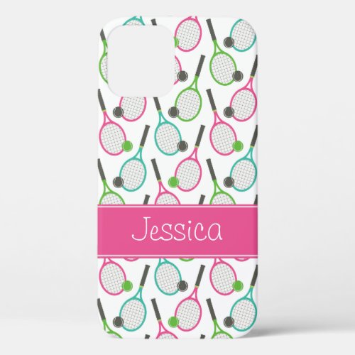 Preppy Pink Green Teal Tennis Pattern Personalized iPhone 12 Pro Case