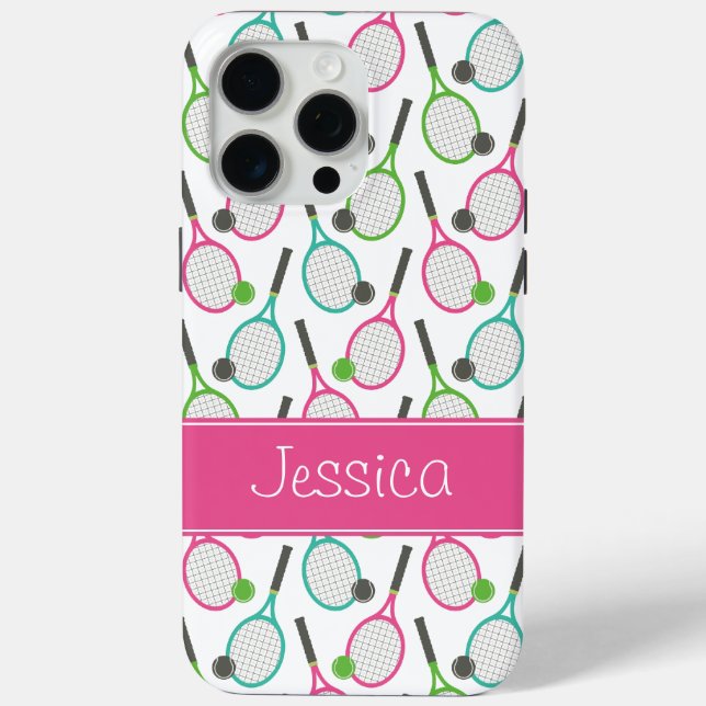 Preppy Pink Green Teal Tennis Pattern Personalized Case-Mate iPhone Case (Back)