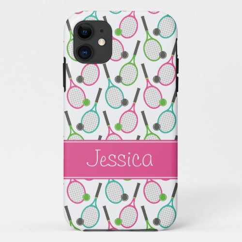 Preppy Pink Green Teal Tennis Pattern Personalized iPhone 11 Case