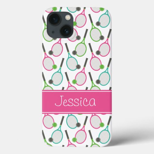Preppy Pink Green Teal Tennis Pattern Personalized iPhone 13 Case