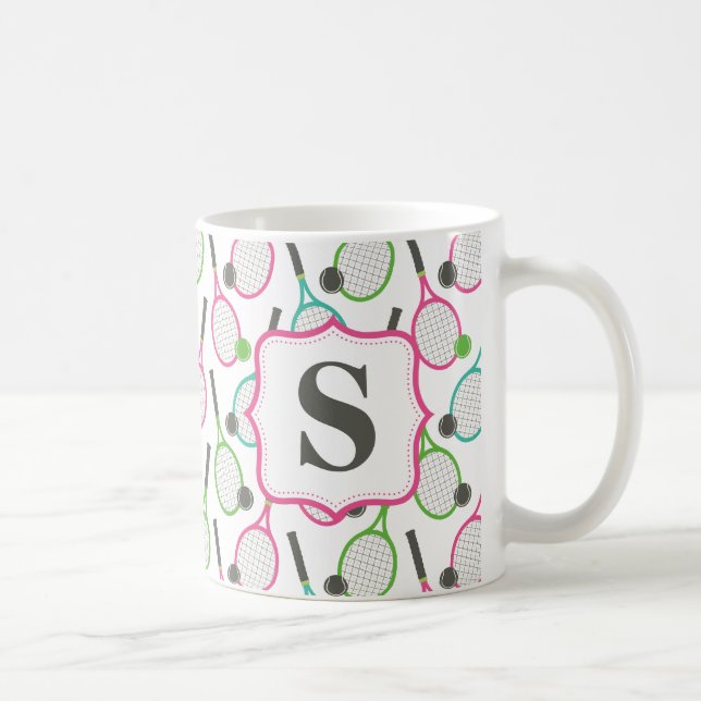 Preppy Pink Green Teal Tennis Pattern Personalized Coffee Mug (Right)