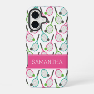 Preppy Pink Green Teal Tennis Pattern Personalized iPhone 16 Case