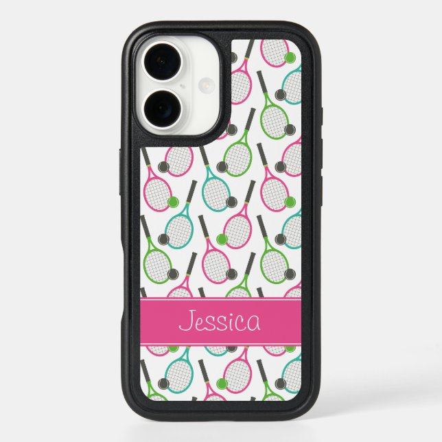 Preppy Pink Green Teal Tennis Pattern Personalized Otterbox iPhone Case (Back)