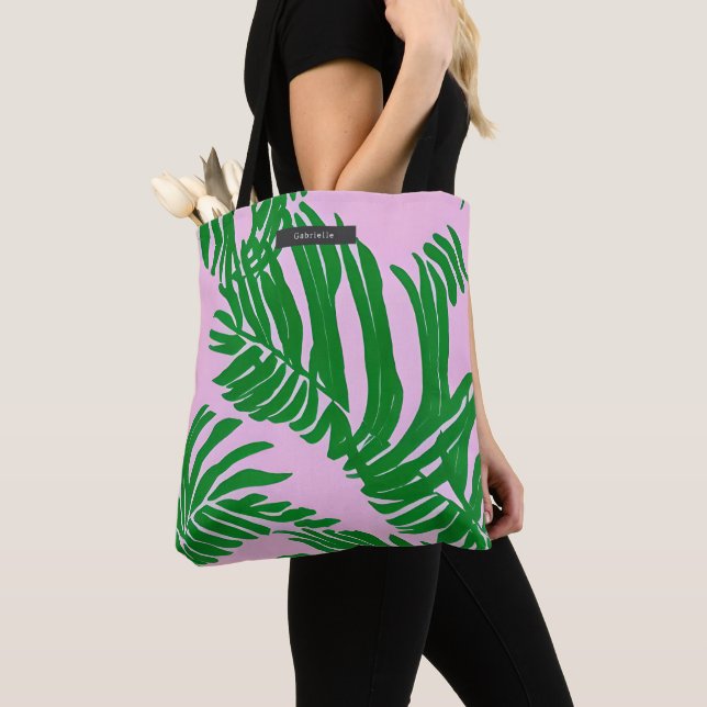 Preppy Pink & Green Tropical Palm Leaves Tote Bag (Close Up)