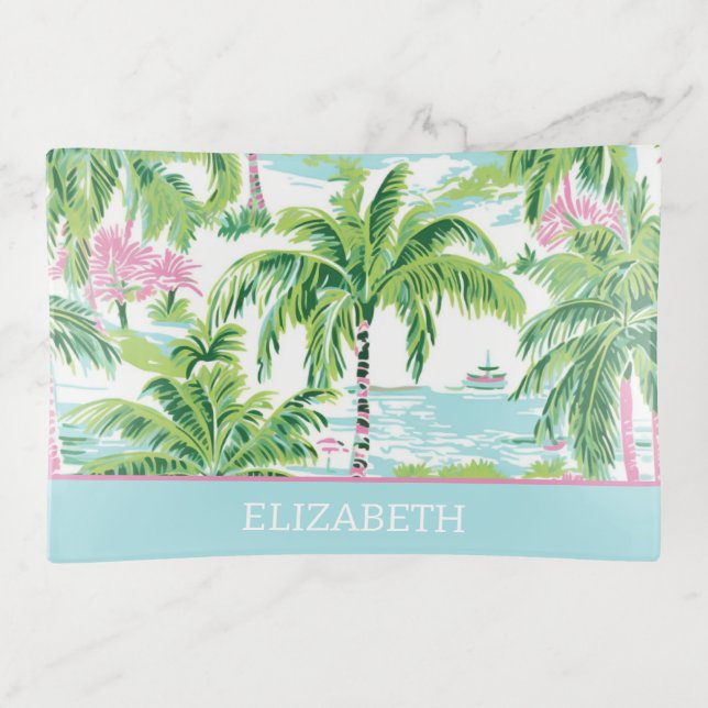 Preppy Pink Green Tropical Palm Trees Personalized Trinket Tray (Front)