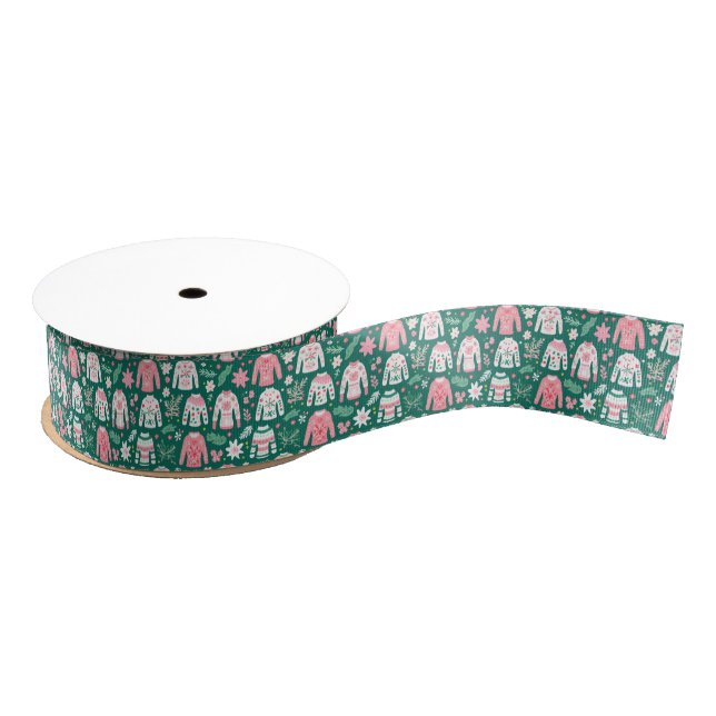 Preppy Pink & Green Ugly Christmas Sweaters Grosgrain Ribbon (Spool)