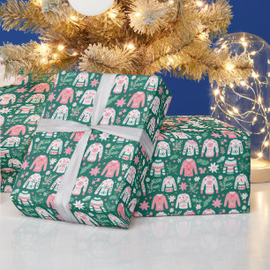 Preppy Pink & Green Ugly Christmas Sweaters Wrapping Paper