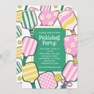 Preppy Pink Green & Yellow Pickleball Invitation