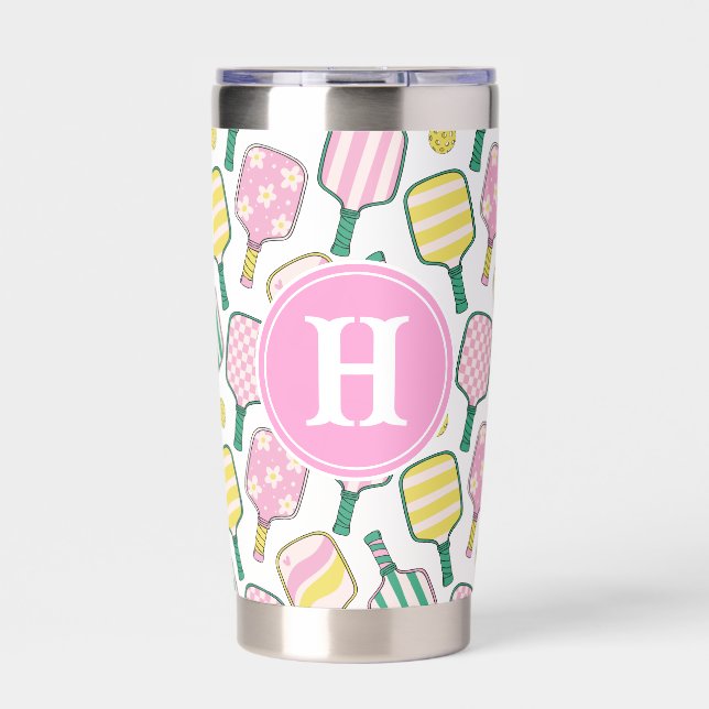 Preppy Pink Green & Yellow Pickleball Monogram Insulated Tumbler (Front)