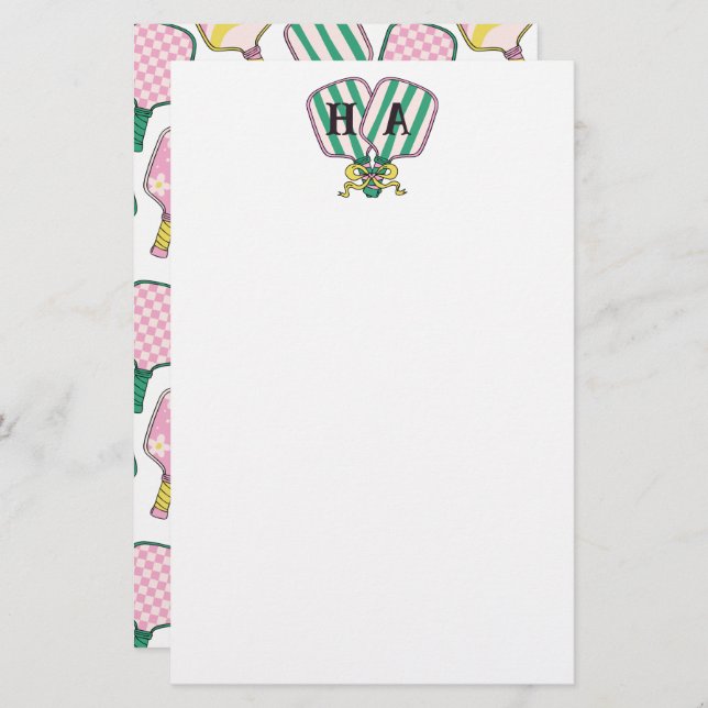Preppy Pink Green & Yellow Pickleball Monogram Stationery (Front/Back)