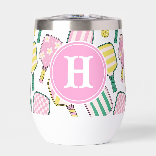 Preppy Pink Green & Yellow Pickleball Monogram Thermal Wine Tumbler (Front)