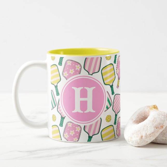 Preppy Pink Green & Yellow Pickleball Monogram Two-Tone Coffee Mug (With Donut)