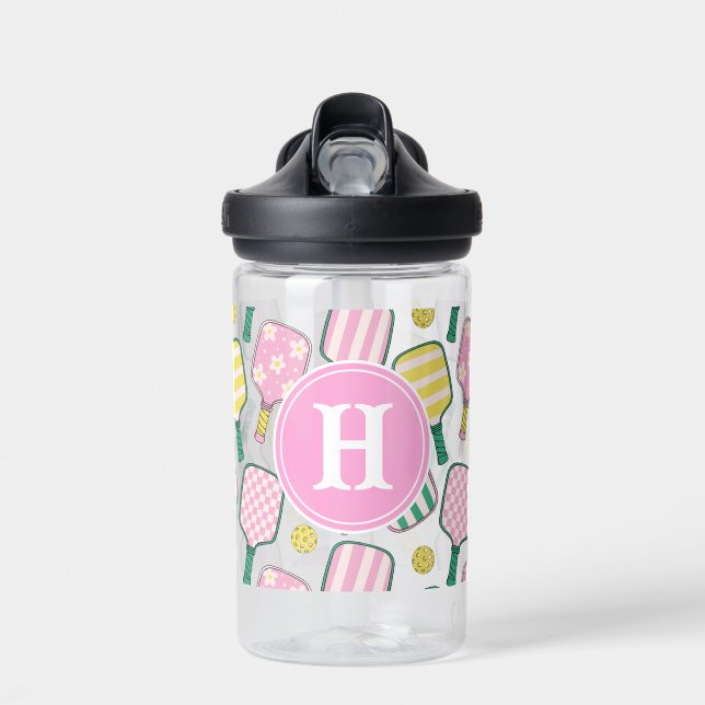Preppy Pink Green & Yellow Pickleball Monogram Water Bottle (Front)
