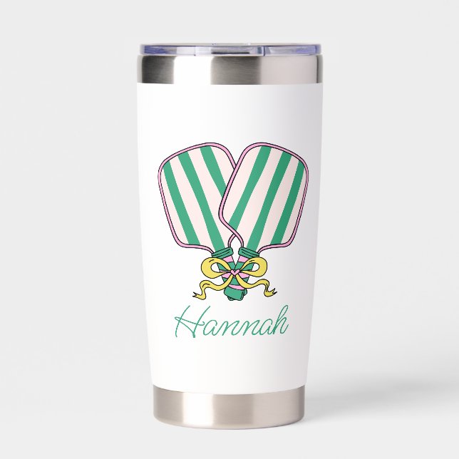 Preppy Pink Green & Yellow Pickleball Paddles Insulated Tumbler (Front)