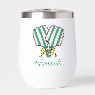 Preppy Pink Green & Yellow Pickleball Paddles Thermal Wine Tumbler