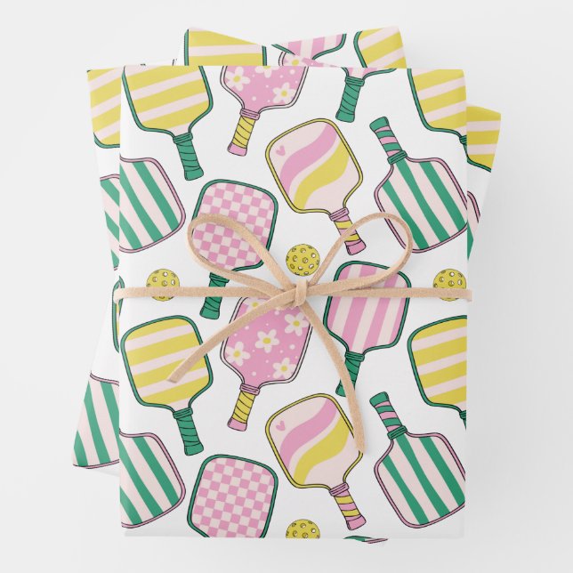 Preppy Pink Green & Yellow Pickleball Paddles Wrapping Paper Sheets (In situ)