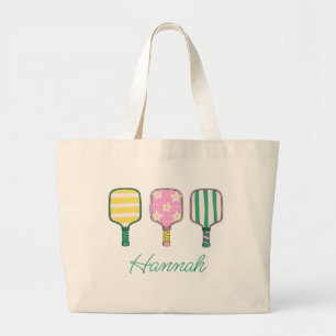 Preppy Pink Green Yellow Pickleball Personalized Large Tote Bag