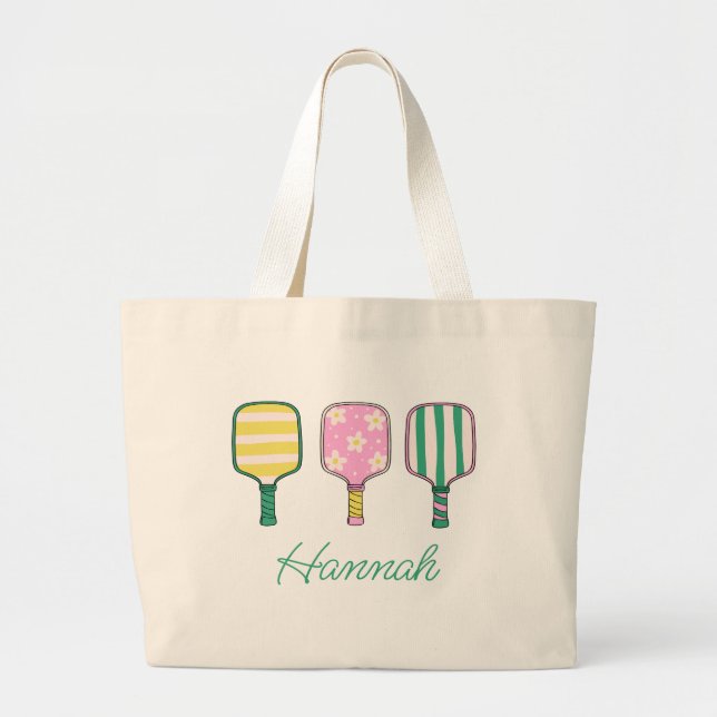 Preppy Pink Green Yellow Pickleball Personalized Large Tote Bag (Front)