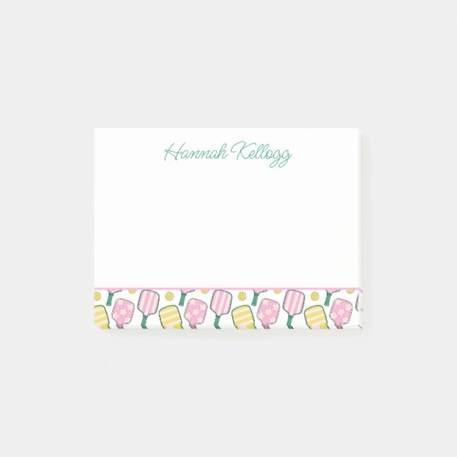 Preppy Pink Green & Yellow Pickleball Personalized Post-it Notes (Front)