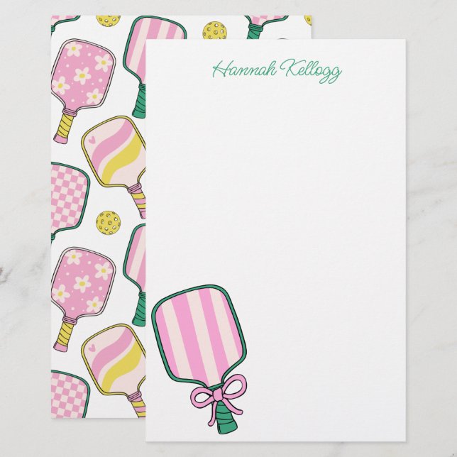 Preppy Pink Green & Yellow Pickleball Personalized Stationery (Front/Back)