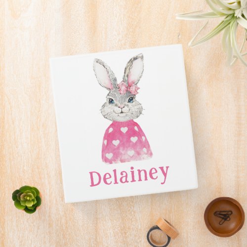 Preppy Pink Heart Bow Bunny Personalized 3 Ring Binder